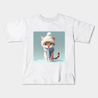 Cute Cat with a Scarf and Hat in Winter Scenery Kids T-Shirt